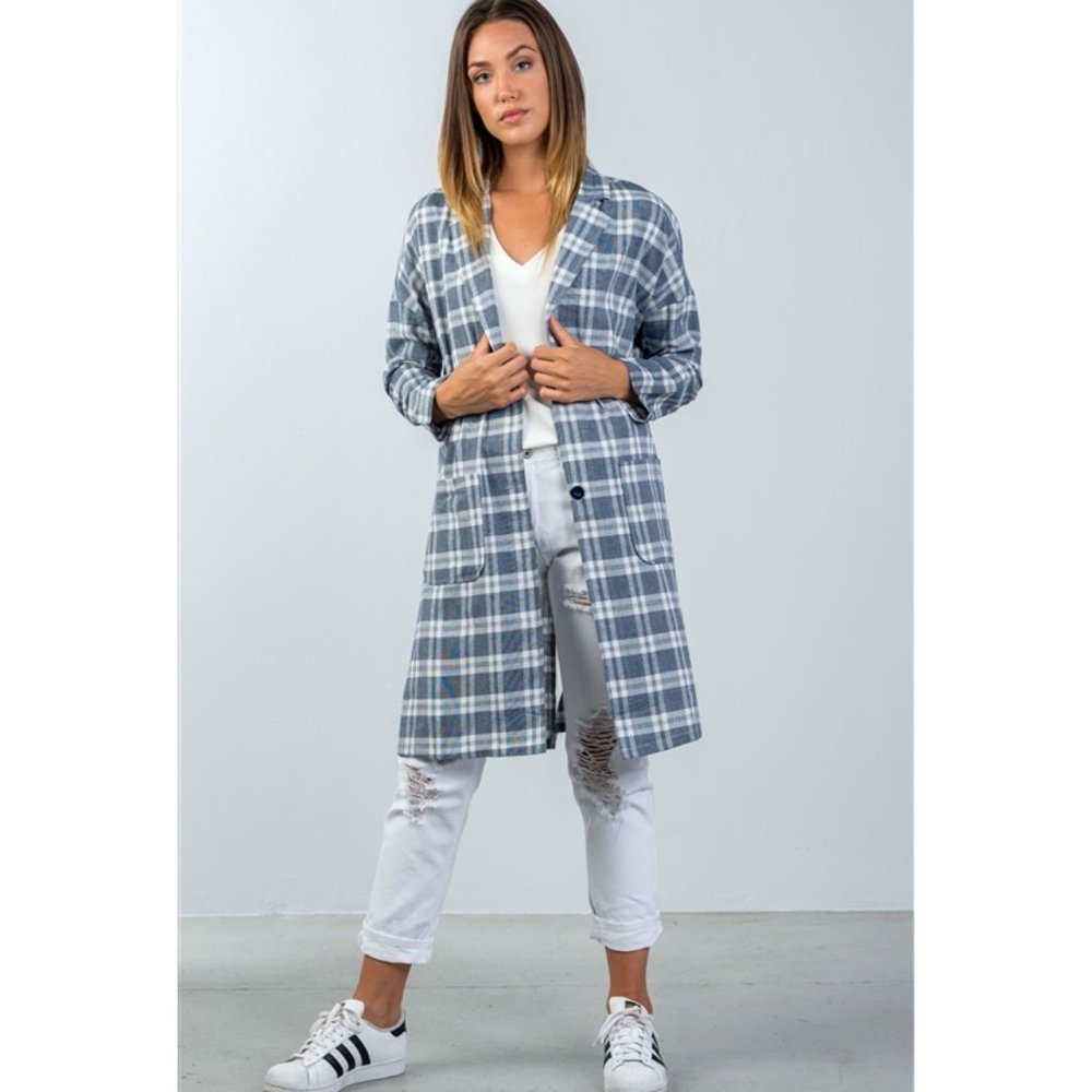 Navy Plaid Longline Oversized Blazer